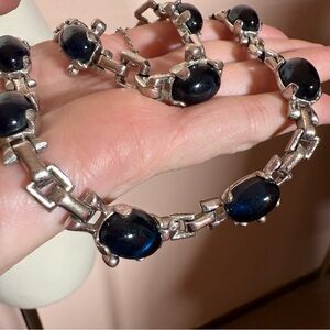 Vintage Barclay Art deco Cobalt Blue Glass Cabochon silver Necklace Bracelet set